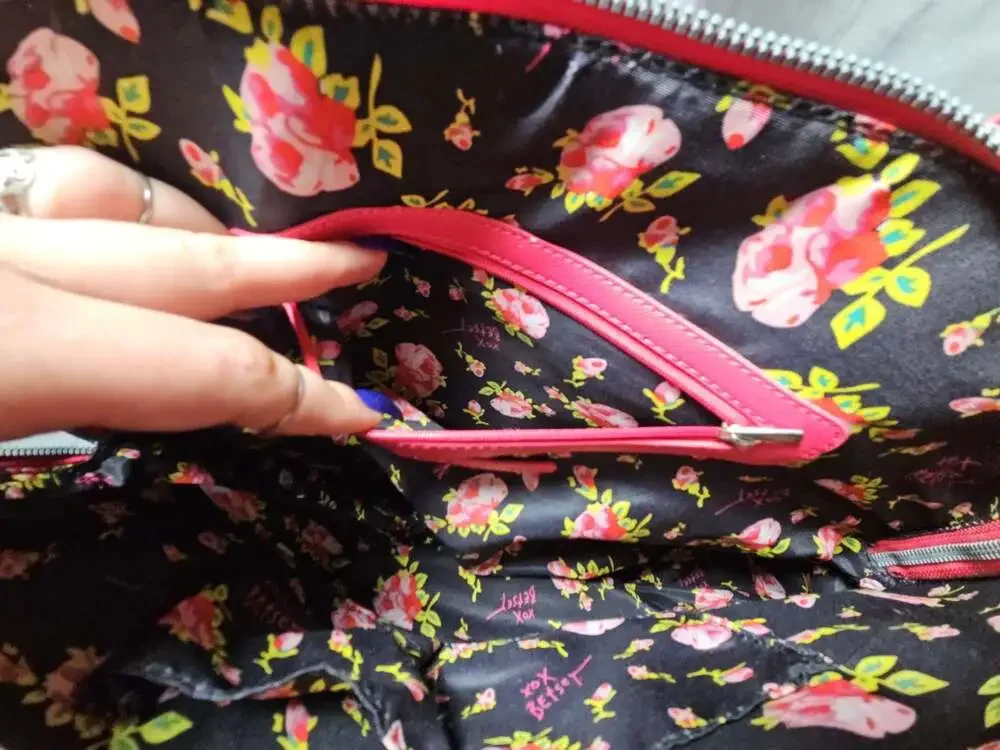 Betsey Johnson Hot Pink Satchel with Embossed Hearts and Lips Print Scarf